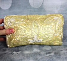 Vintage 50s 60s Beaded Iridescent Sequins Faux Pearl Trim Clutch Made in Japan