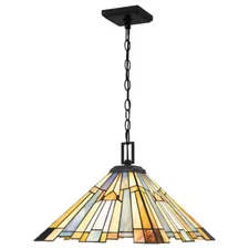 Tiffany Glass Shade Matte Black Finish 3-Light Geometric Arts and Crafts Pendant