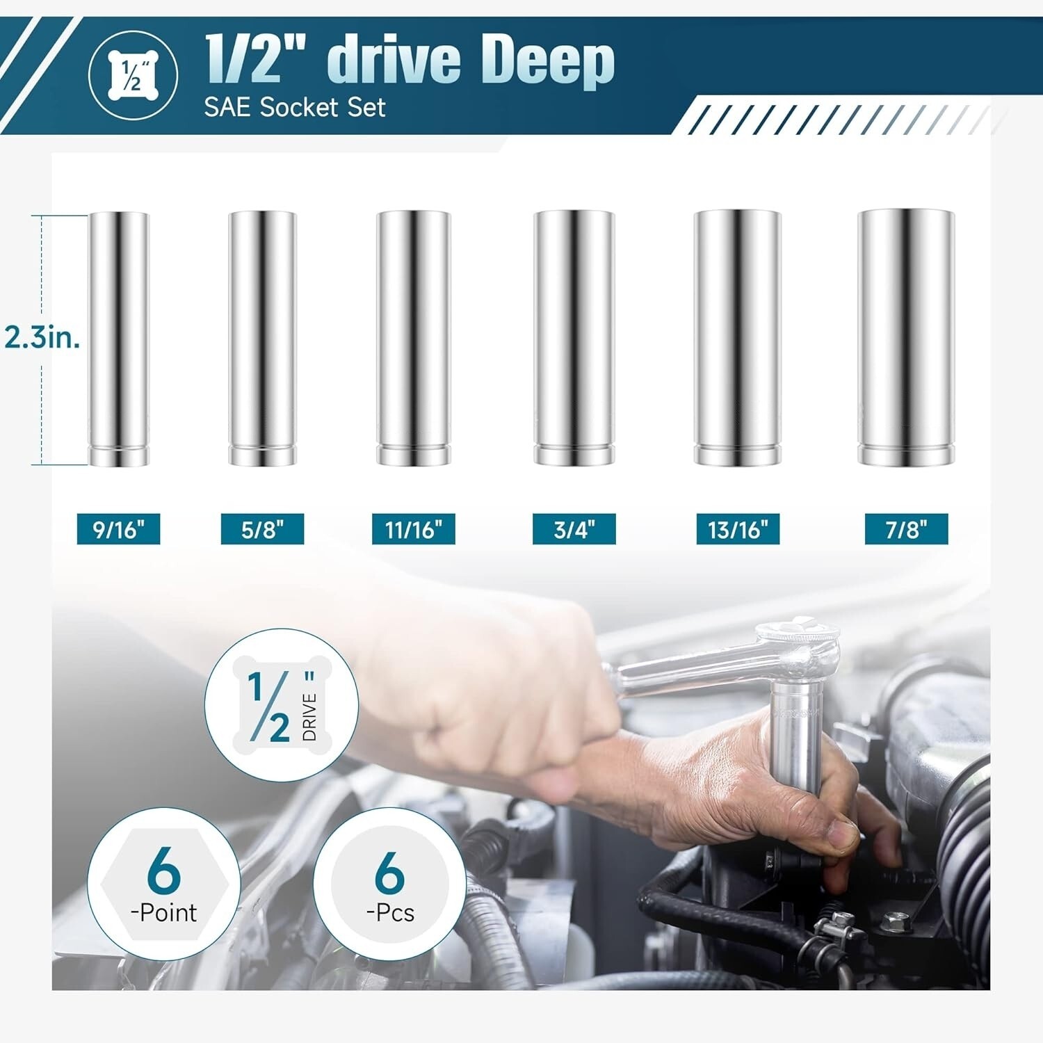 Dados De Impacto Juego De Llaves De Vaso De Impacto Profundo De 1/2", 6 Piezas.