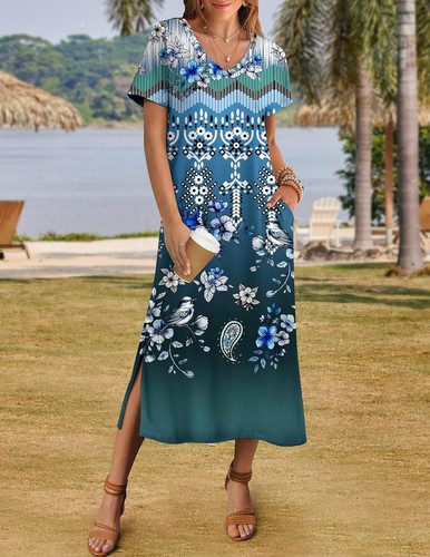 Summer Floral V-Neck Maxi Dress Short Sleeve Casual Beach Dress with Pockets - Picture 45 of 109