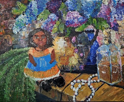 Original Art Painting,Acrylic16x20 Pallet Knife,Regina DeVal, Doll and the Hydra