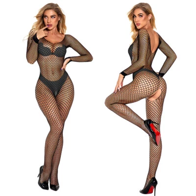 6-22 Body Fishnet Stocking Long Sleeve Crotchless Bodystocking Plus Size