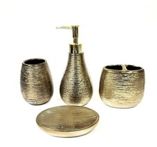 QUEEN 4 PC SET METALLIC 3D TEXTURE BRONZE CERAMIC SOAP DISPENSER+DISH+TUMBLER+1