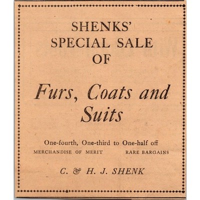 C&HJ Shenk Special Sale Of Furs Coats And Suits 1907 Lebanon PA Clipping SAH6-2