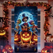 Skeleton Pumpkin Halloween Door 71 inches x 35 inches, Multicolor