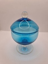 Vintage Blue Glass Pedestal Compote Candy DishWith Ball Lids 1960’s. Beautiful.