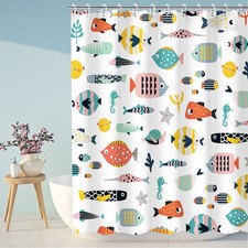 Bathroom Shower Curtain, Cartoon Fish with 12 Hooks, Waterproof Colorful Anim...