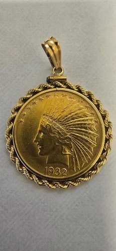 1932 $10 Gold Indian Head Coin with 14k Gold Bezel Very Fine Condition