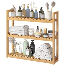 FILWH Bathroom Shelf Bamboo Organizer Rack Adjustable 3-Tier Storage Shelf Wall