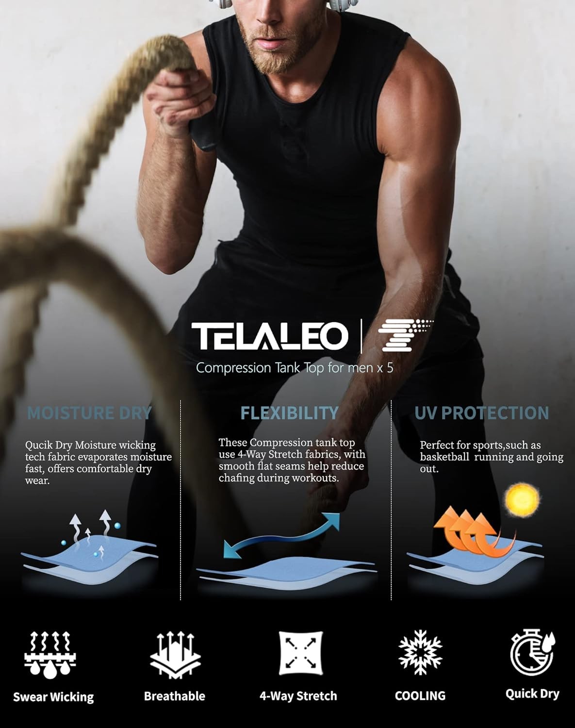 TELALEO 5 Pack Men's Athletic Medium, Black/Charcoal/White(five Pack) 