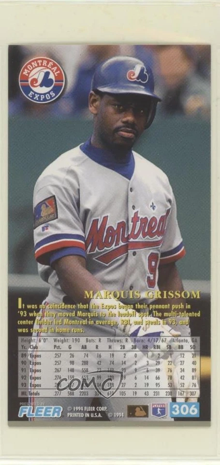 1994 Fleer Extra Bases Marquis Grissom #306 - Image 2 of 2