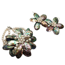 Cultured White Pearl Multi Color Abalone Shell Flower Bracelet Earrings Set
