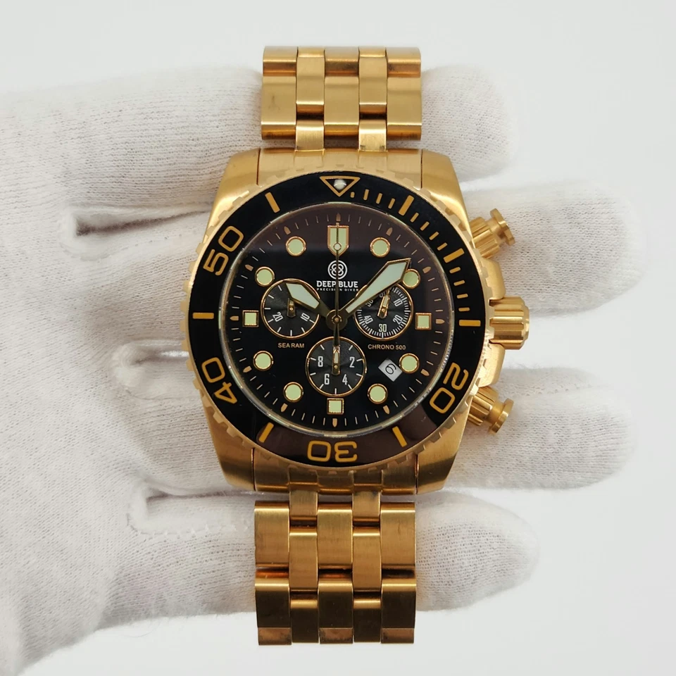 Deep Blue Sea Ram 500M Men's Gold Tone w/ Black Dial Quartz Chronograph Watch - Image 2 of 4