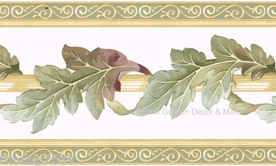 Green Scroll Leaf Leaves Architectural Sage Cream Beige Tan Wall paper Border 7''