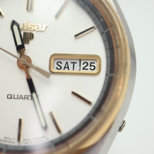 Vintage Pulsar Mens Watch 35mm Gold Tone White Day Date Y513-6059 w New Battery - Picture 8 of 22