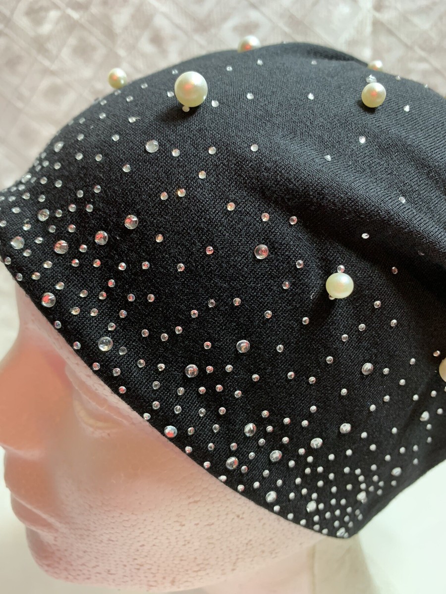 NEW Womens Black Pearl and Rhinestone Beanie Black Pom Pom Beanie - Pearl Embellished Beanie - Knit  main image 4