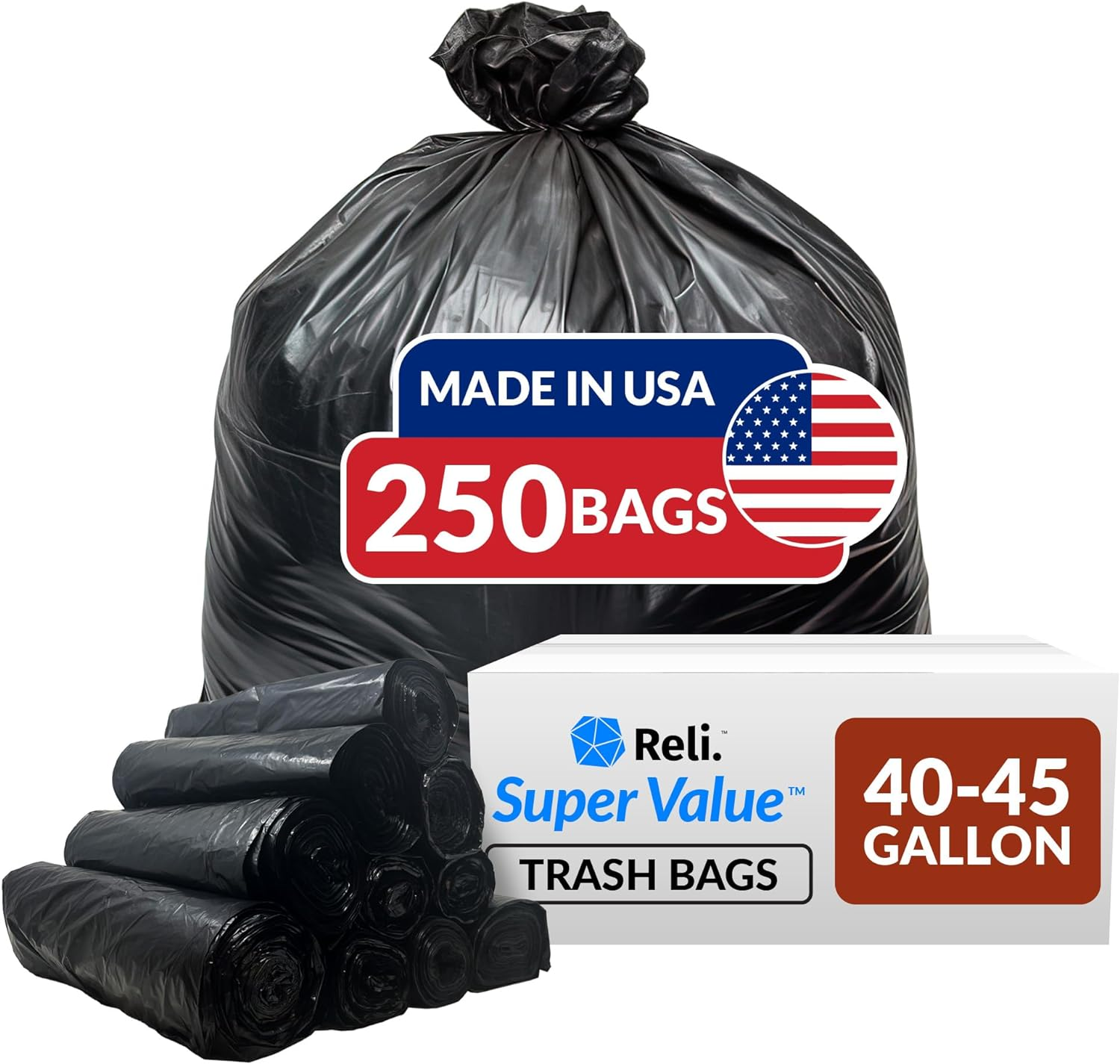 40-45 Gallon Trash Bags Heavy Duty | 250 Count | Large Black Garbage Bags | 39,
