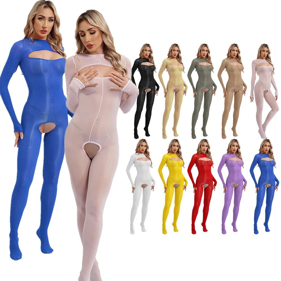 Damen Bodysuit Langarm Bodystockings Glänzend Catsuit Verlockend Strumpfhosen - Bild 4 von 4