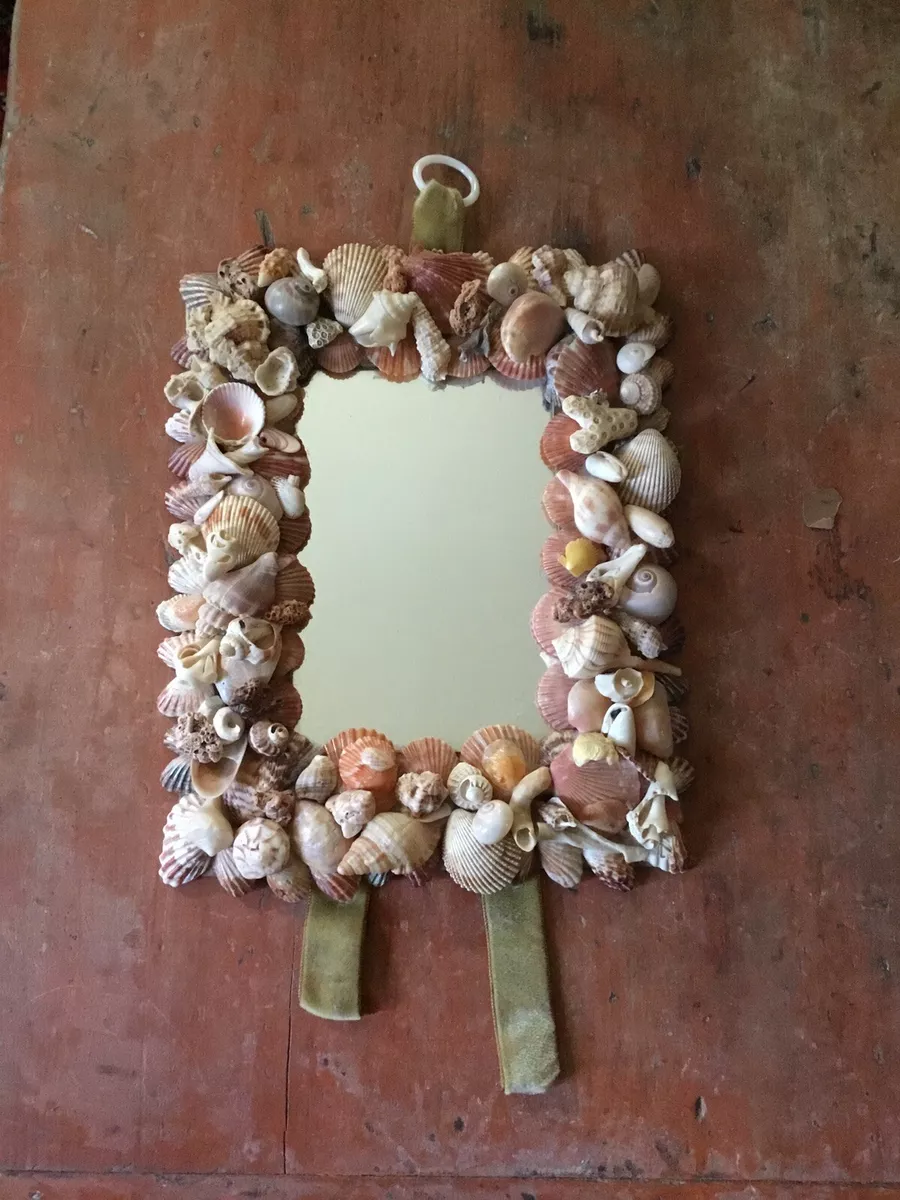 Vintage HANDMADE Seashell Mirror Velvet And Ring Hanger Velvet