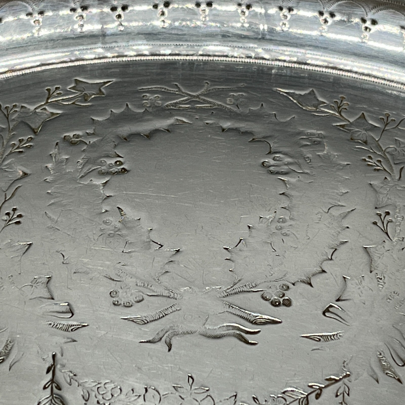 Antique Victorian Silver Plate Waiter Tray Salver Round 19thC Xmas Holly Wreaths