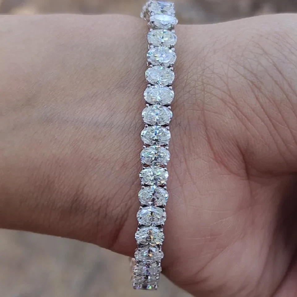 Pulseira de tênis feminina de moissanita branca corte oval 4x6mm folheada a ouro branco 14K - Imagem 4 de 4