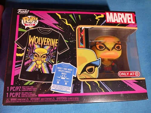 Funko Pop SET☆Marvel BLACKLIGHT WOLVERINE #802 BOBBLEHEAD & T-Shirt (M) X-MEN