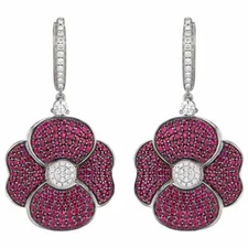 Genuine Poppy Pink 4.20CT Ruby & Shiny CZ Blooming Flower Sparkling Earrings