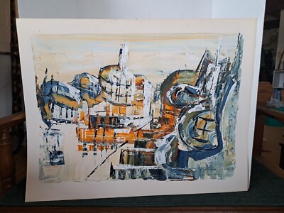 Vintage OOAK Abstract Cityscape City Watercolor Oil Painting Unsigned