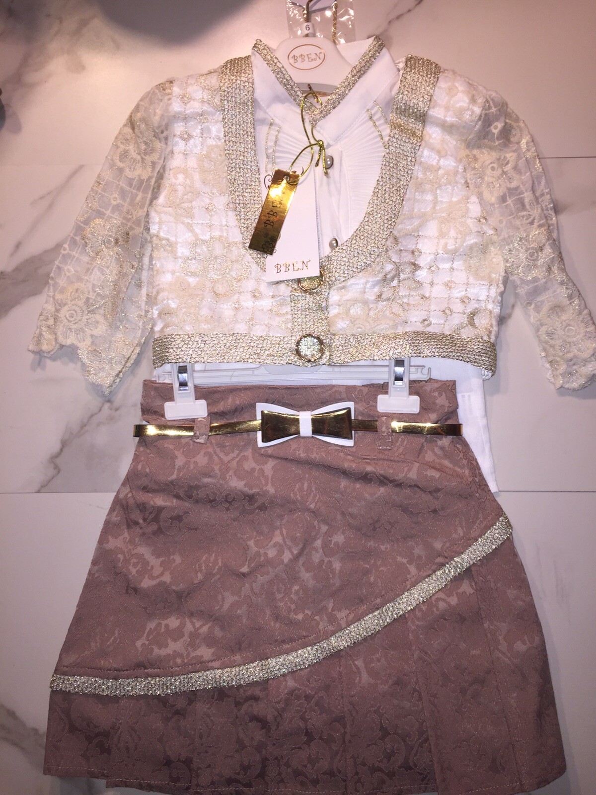 Girls White Top With Lace Coverup Brown Pleated Skirt, Size 12 New With Neckl