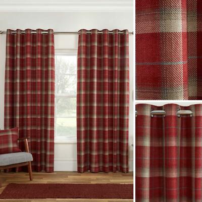 Red Eyelet Curtains Blackout Tartan 