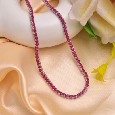 17 ct Lab-Created Round Ruby 14K Gold Plated Wedding Tennis Women's Necklace 3mm