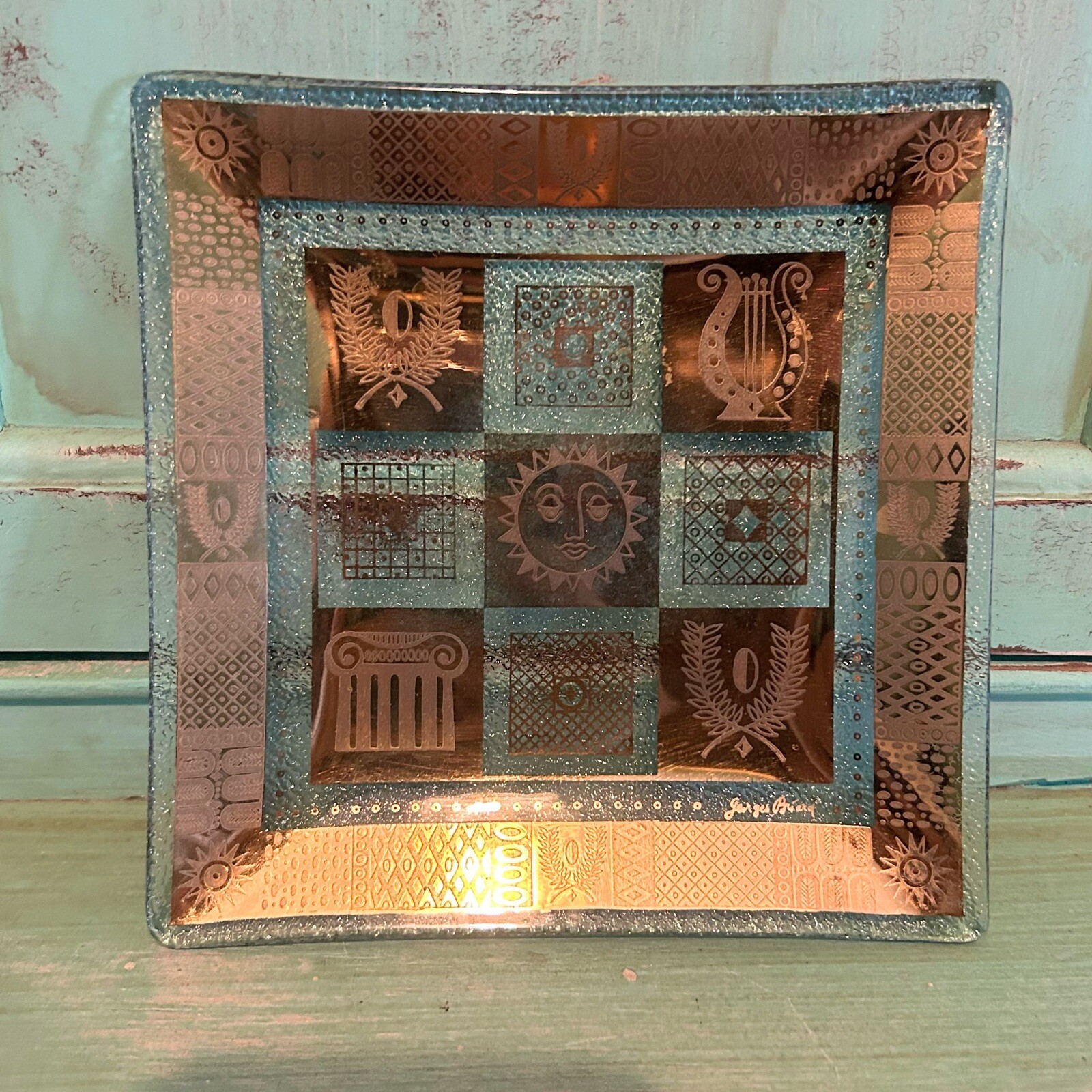 Mid Century MCM Georges Briard Square Bent Glass Dish Gold Sun Lyre Motif