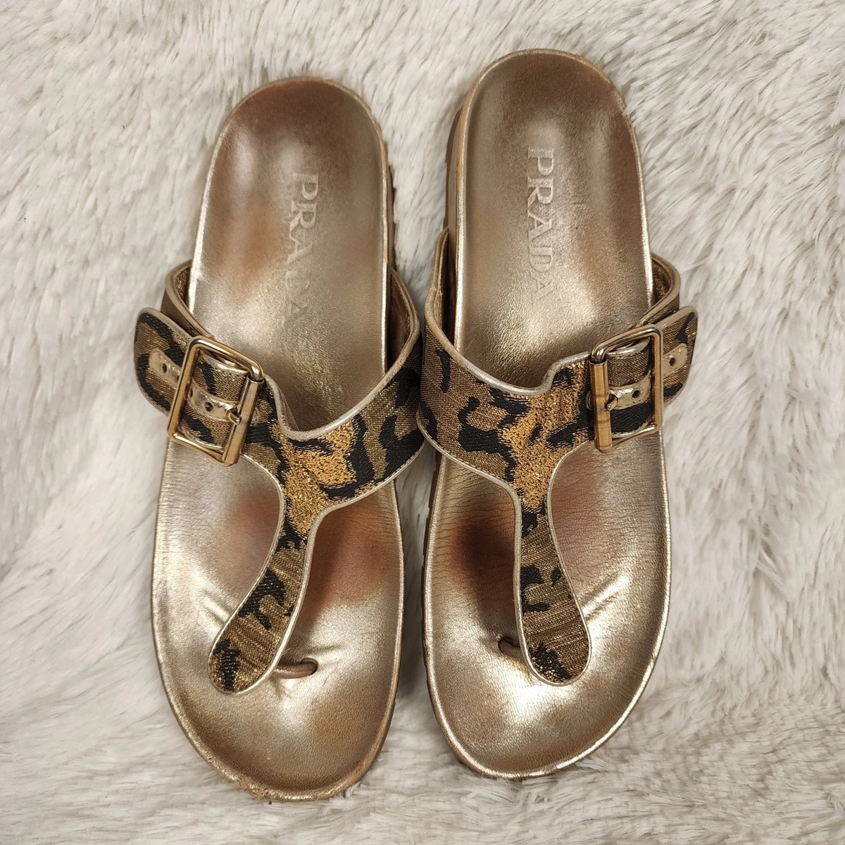 HTF Prada Gold Brocade Buckle Thong Sandals