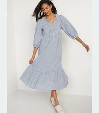 Old Navy Seersucker Tiered Dress 3/4 Sleeve All Day Maxi Swing XS Tall Nautical