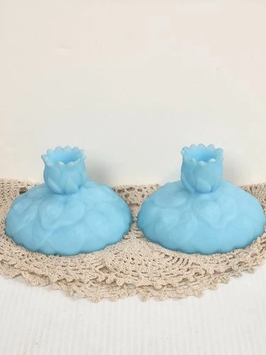 Vintage Fenton Blue Satin Glass Water Lily Frosted Candle Holders Set of 2