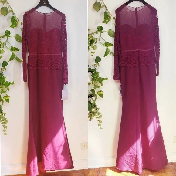 Burgundy Long Mermaid Dress Women 4 SMALL Lace Gown Wedding JS COLLECTIONS New - Image 2 of 4