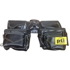 PTI Double Carpenter Tool Belt Premium Black Leather Adjustable with Pockets