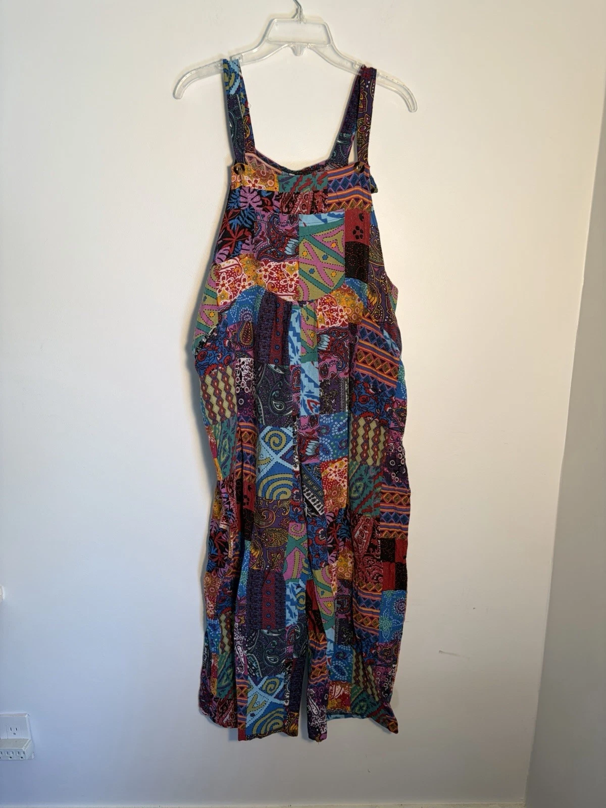 Patchwork Print OVERALLS Jumpsuit Boho Festival Wide Leg Retro Hippie Artsy XL