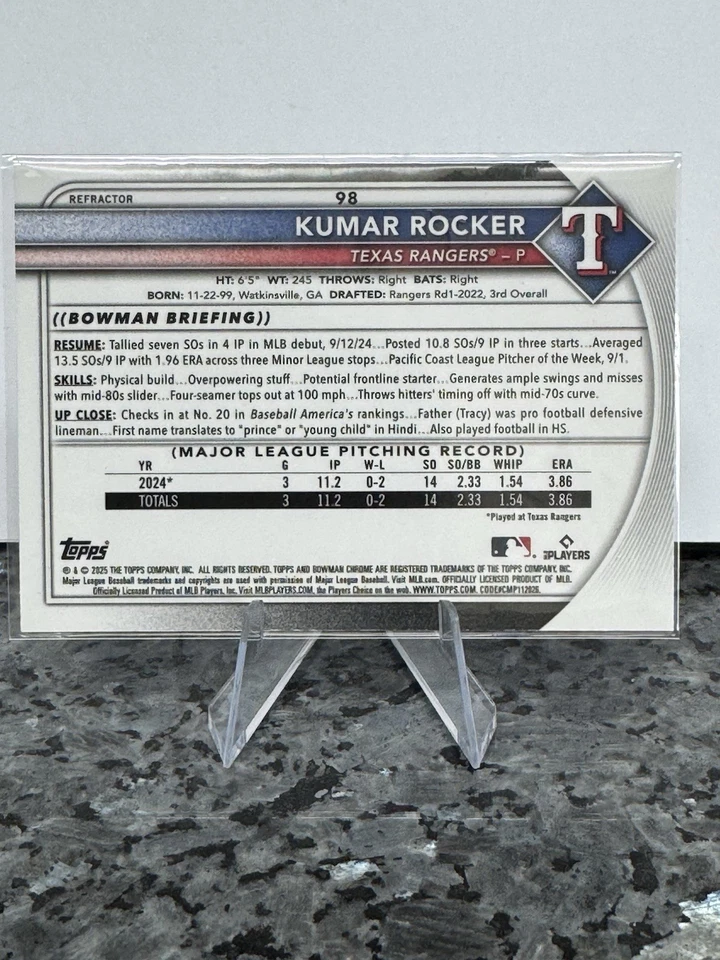 2025 Kumar Rocker /499 Bowman Chrome Refractor #98 RC (Rangers) - Image 4 of 4