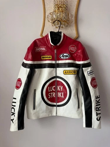 LUCKY STRIKE MOTORCYCLE BIKER JACKET MOTUL RACING RED WHITE MICHELIN MENS SZ XL - product listing photo