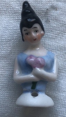 Vintage Tiny 1 7/8'' Tall German Porcelain Woman with Black Hair Half Doll