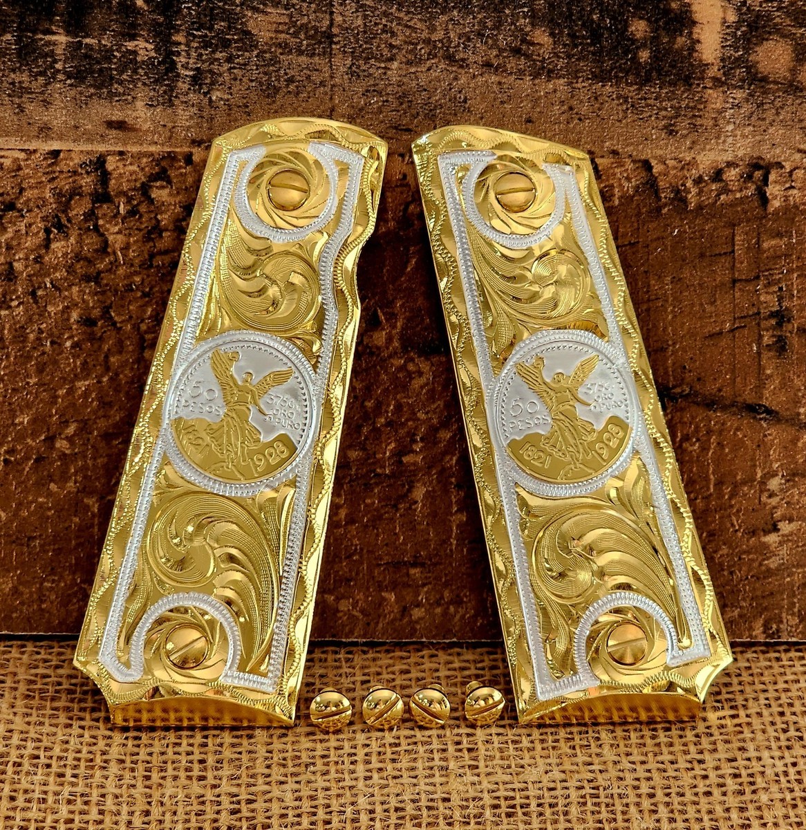 Cachas Centenario Coin Gold plated govermment 1911 gun grips