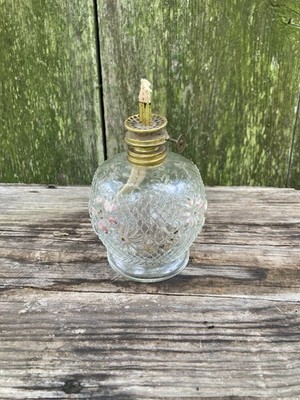 Vintage  Cosmos Miniature Oil Hurricane Lamp w/ Painted Flowers