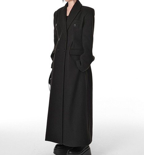 Black Woolen Blend Coat Women Retro Belted Long Suit Loose Jacket Trench Outwear - 第 8/12 張圖片