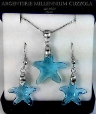 PARURE ARGENTO 925 ROD ORO BIANCO SWAROVSKI COLLANA+ORECCHINI STELLE ACQUAMARINA