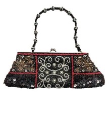 Vntg evening Beaded Clutch Purse Chain strap Black Red Gold Silver Prom Formal