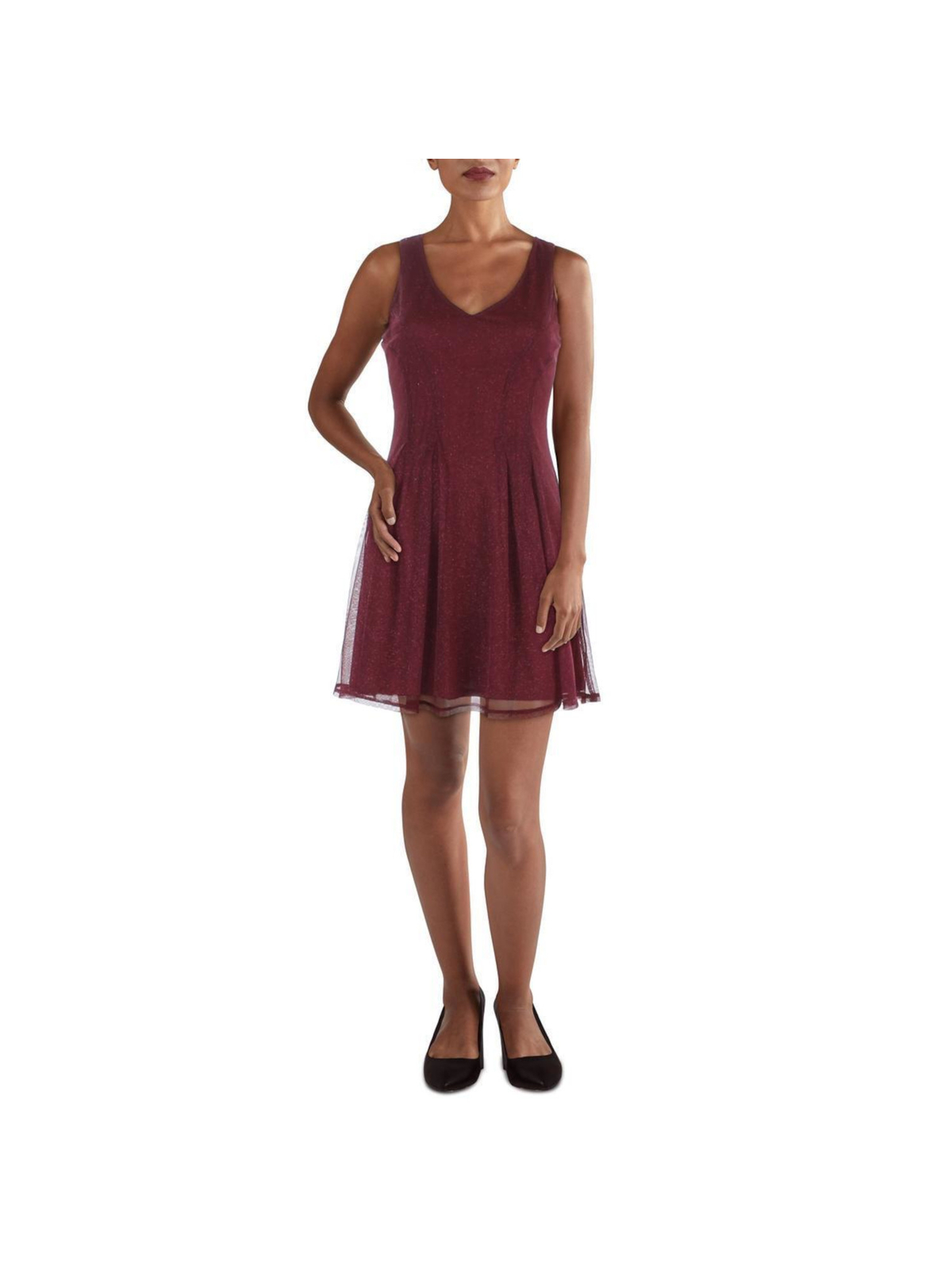 CITY STUDIO Womens Burgundy Lined Sleeveless Short Fit + Flare Dress 7