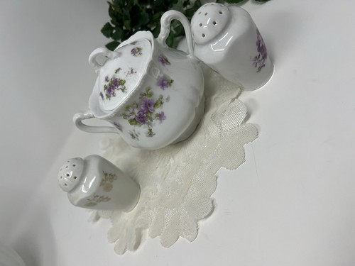 Antica zuccheriera e sale pepe shaker con violette viola Germania1887-1949 LEGGI - Foto 8 di 15
