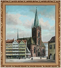 City View With Church And Passersby – Oil On Canvas – Signed, Frame