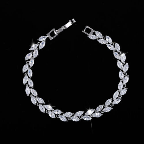 Sparkling White Cubic Zirconia Colorful Leaf Women Link Chain Bracelets Bangles - Picture 1 of 26